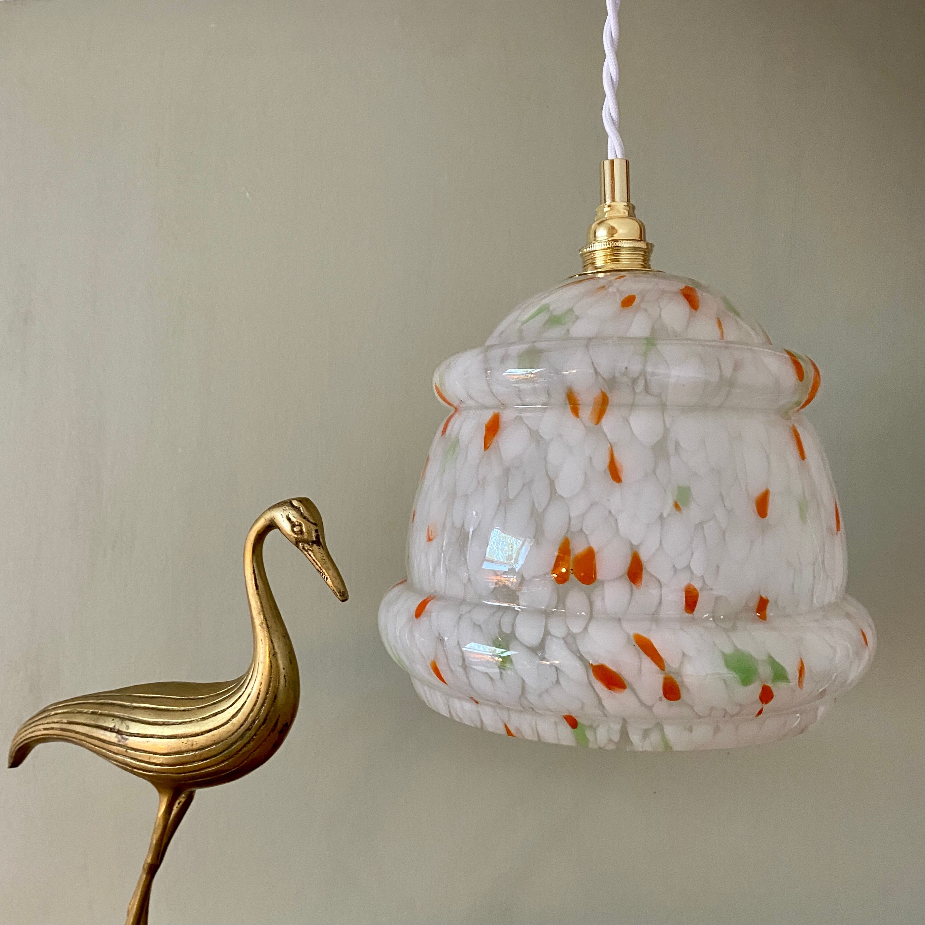 Vintage Clichy glass globe pendant lamp white orange and green