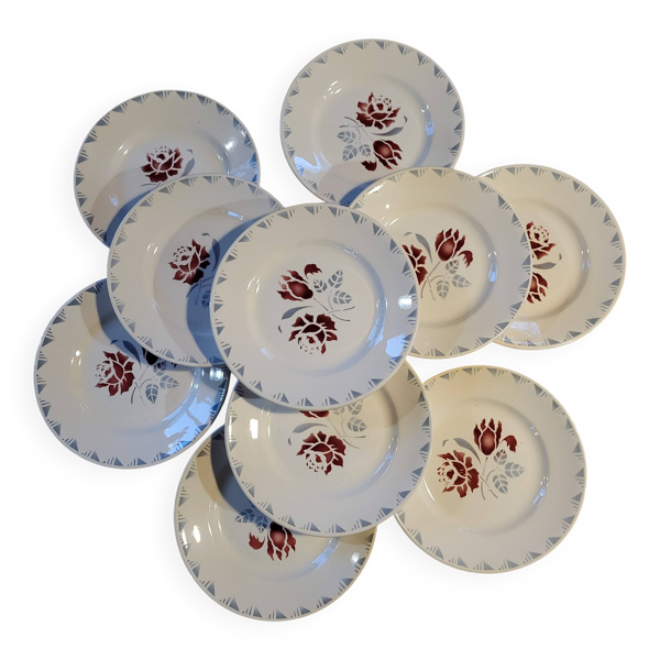 Lot 11 assiettes plates Rose Rouge Niderviller