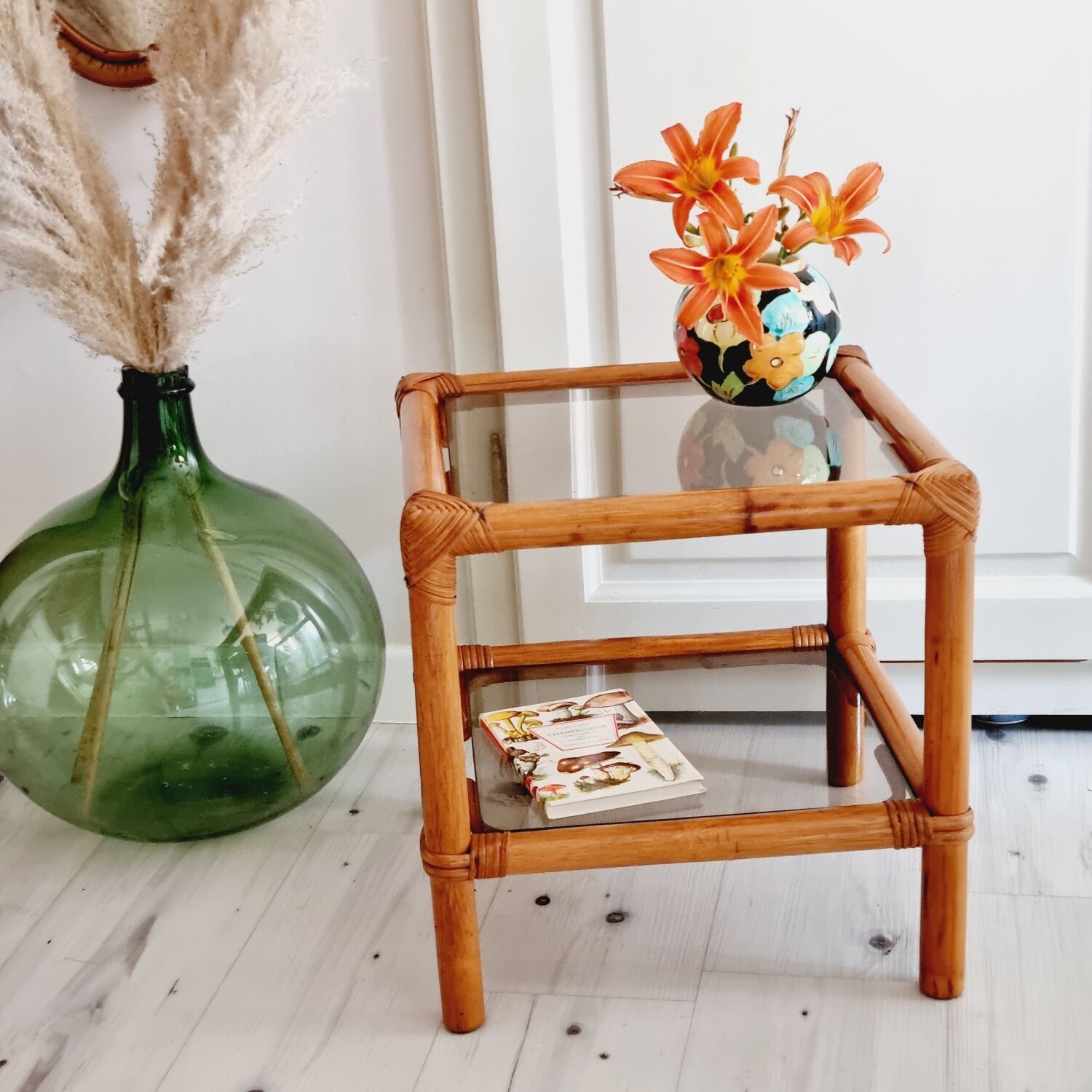 Rattan and smoked glass table