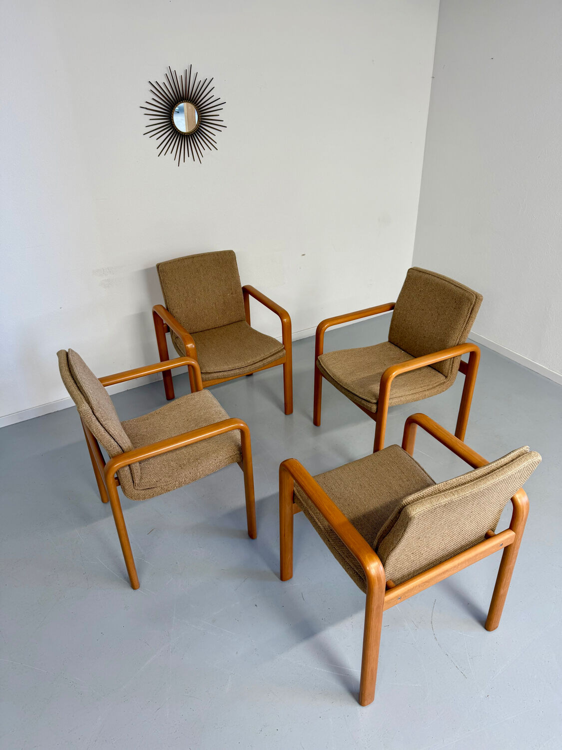 4 armchairs with armrests in beech and fabric, 1970s vintage design.
