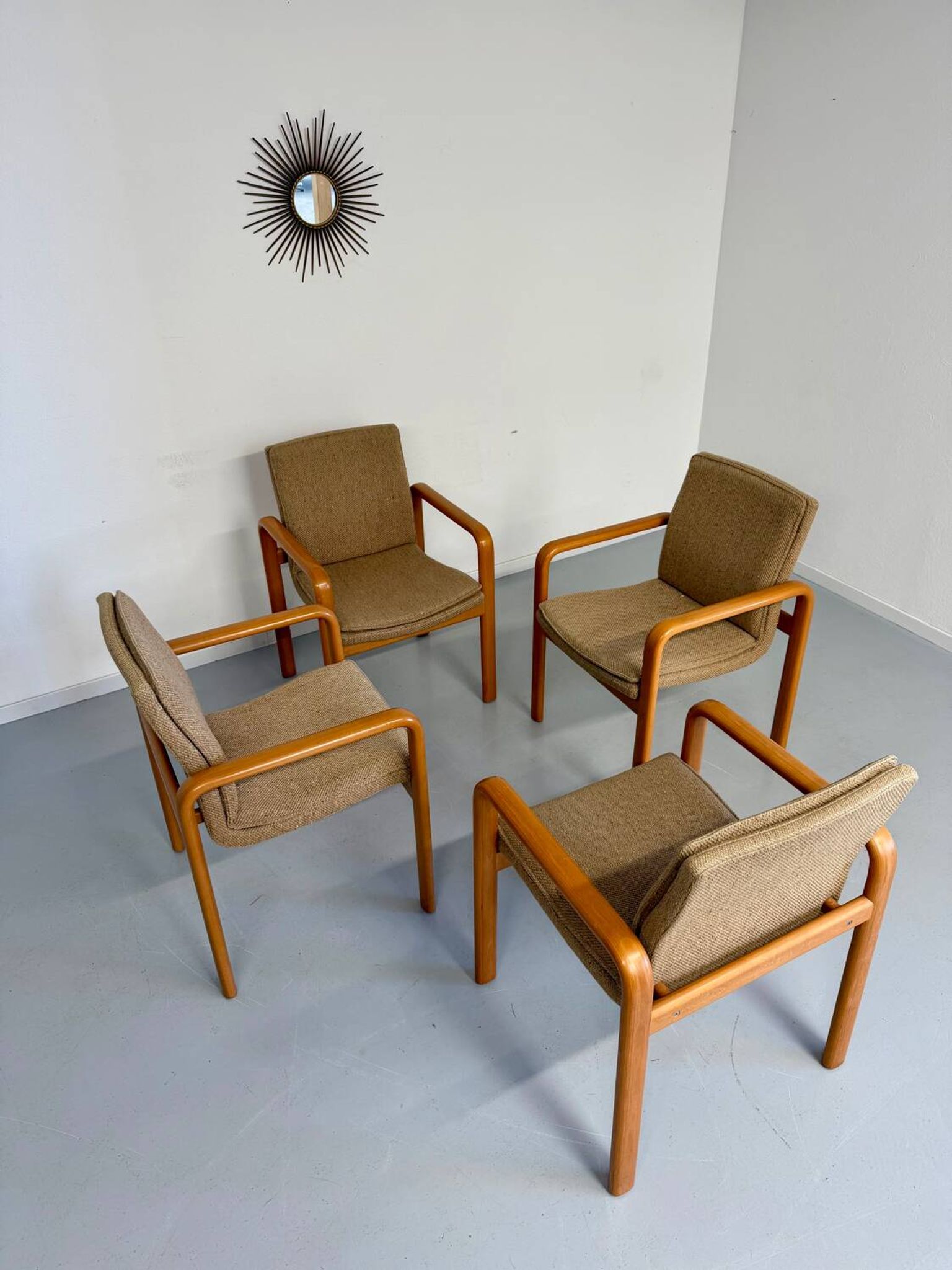4 armchairs with armrests in beech and fabric, 1970s vintage design.