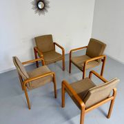 4 armchairs with armrests in beech and fabric, 1970s vintage design.