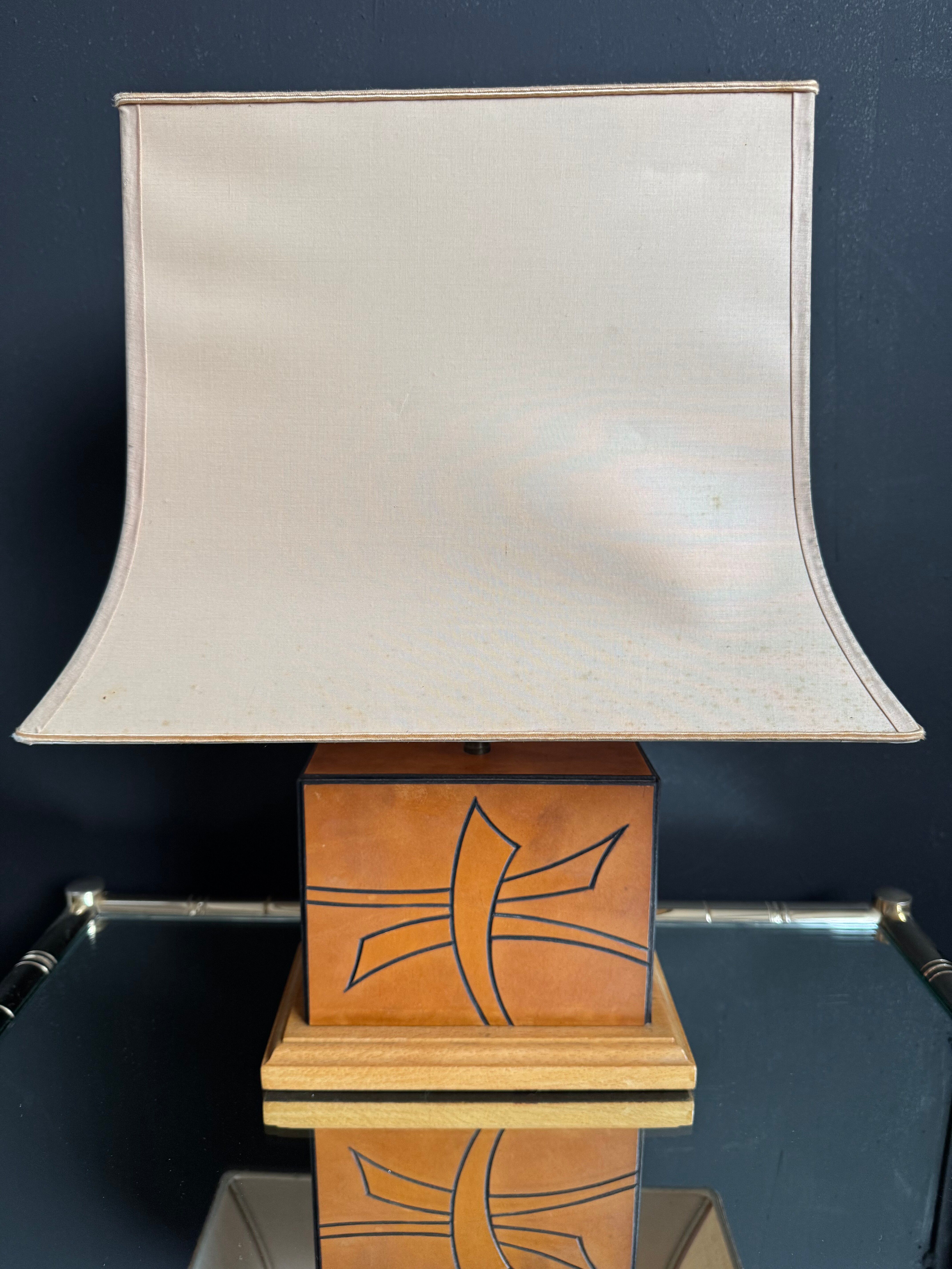 70s leather and wood pagoda lamps