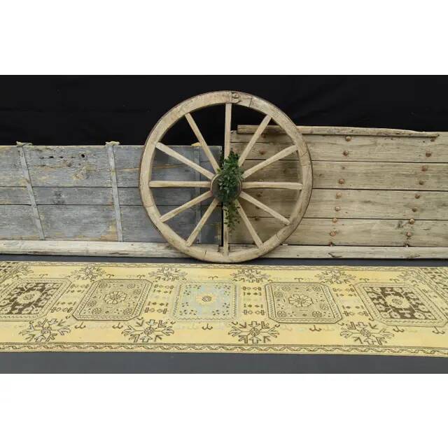 1970s Turkish Oushak Handmade Wool Cotton Yellow Runner 86x335