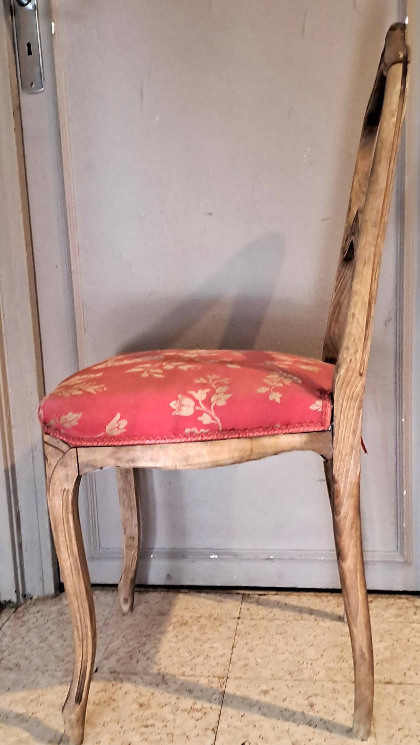 Wooden chair with varnished wood and red satin brocade fabric, 1920
