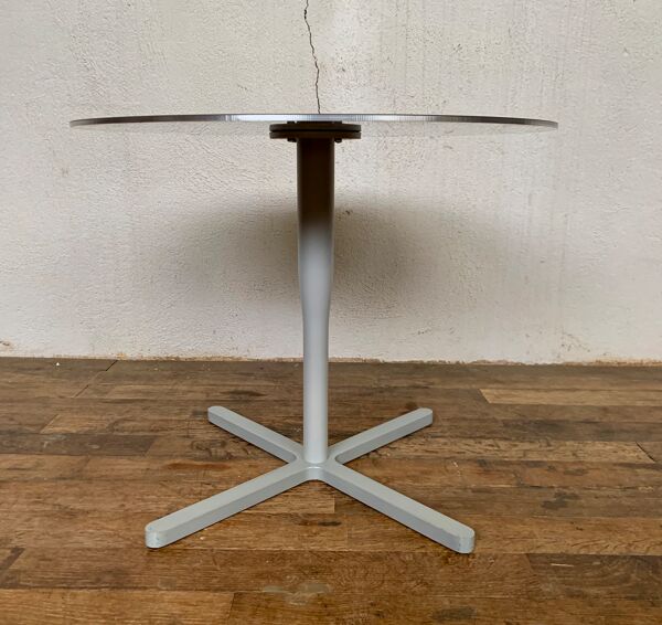 Table basse vintage guéridon rond  piétement étoile en fonte d'aluminium année 1980