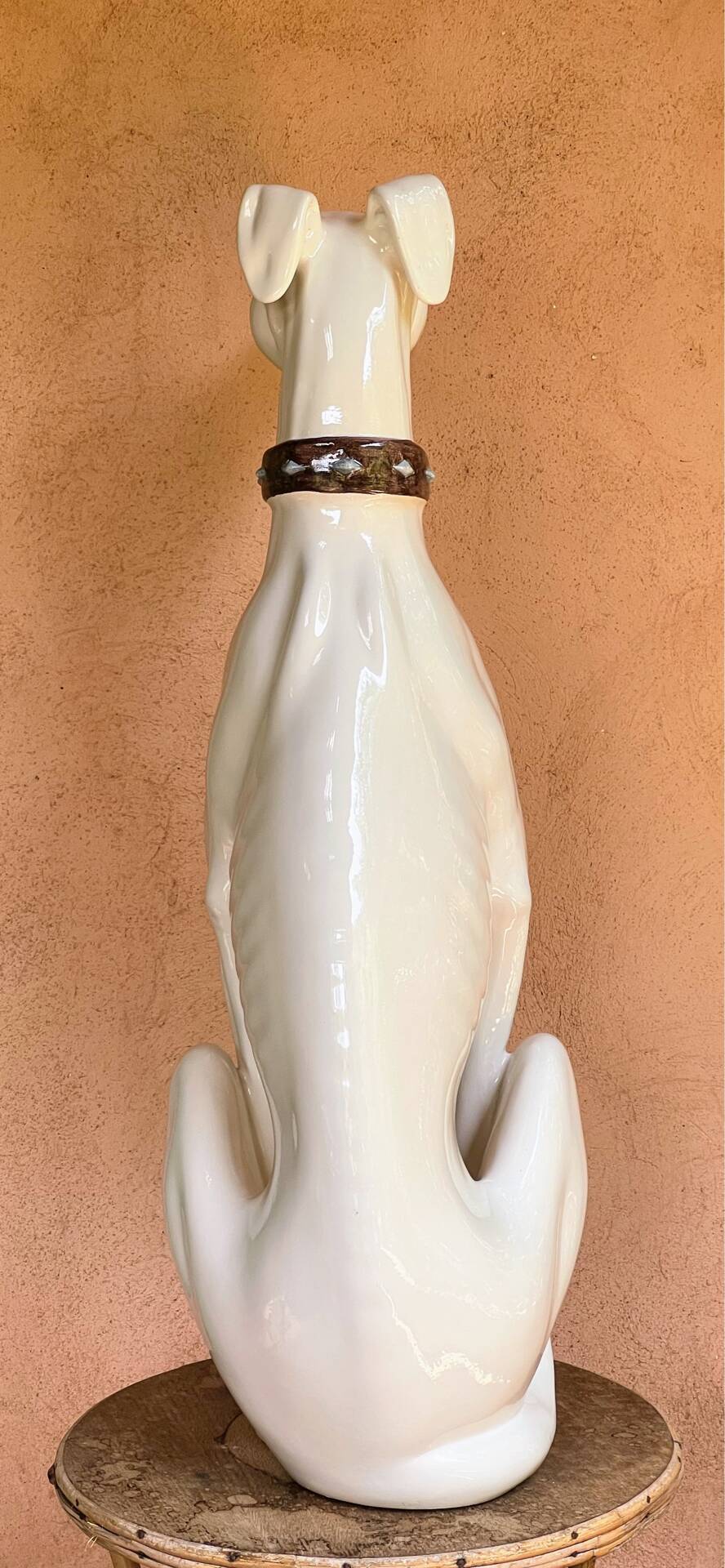 Large white glazed ceramic greyhound – signed – 92 cm