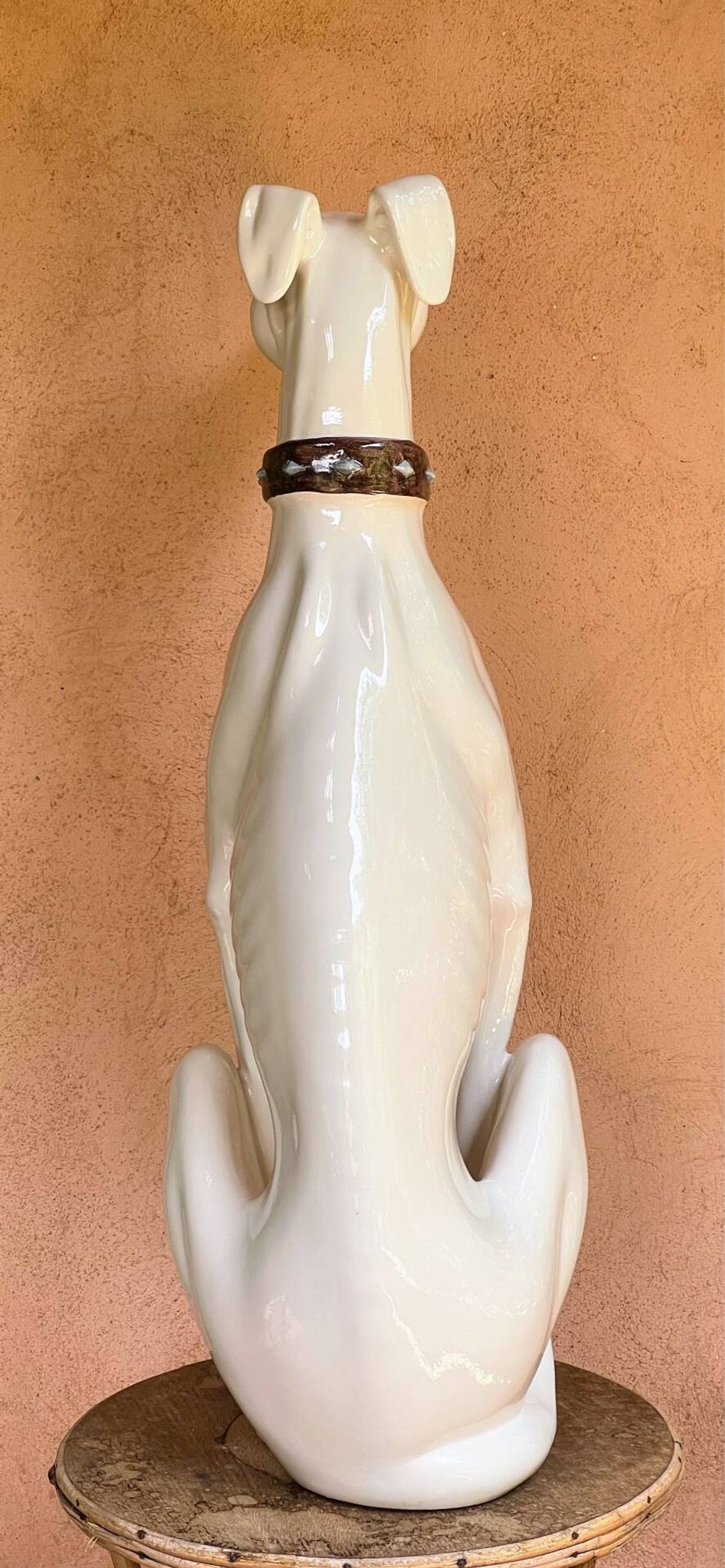 Large white glazed ceramic greyhound – signed – 92 cm