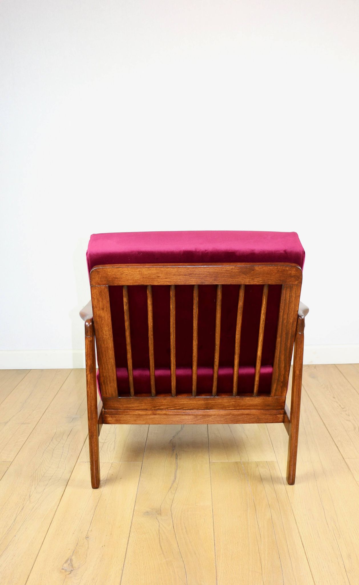 Wooden vintage brown armchair, burgundy raspberry, design by Z. Bączyk - 2 pieces available
