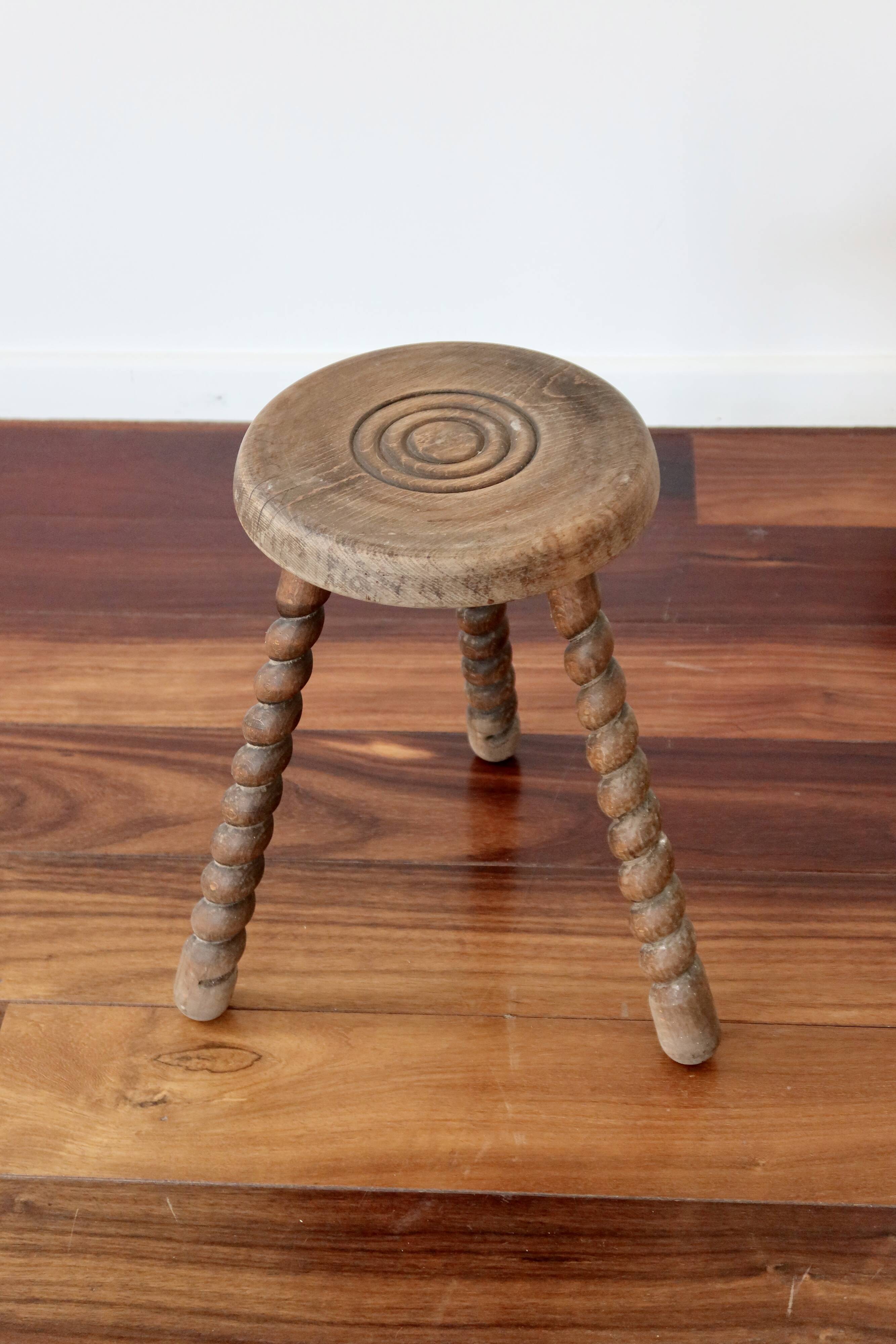 Vintage rustic turned wooden tripod stool