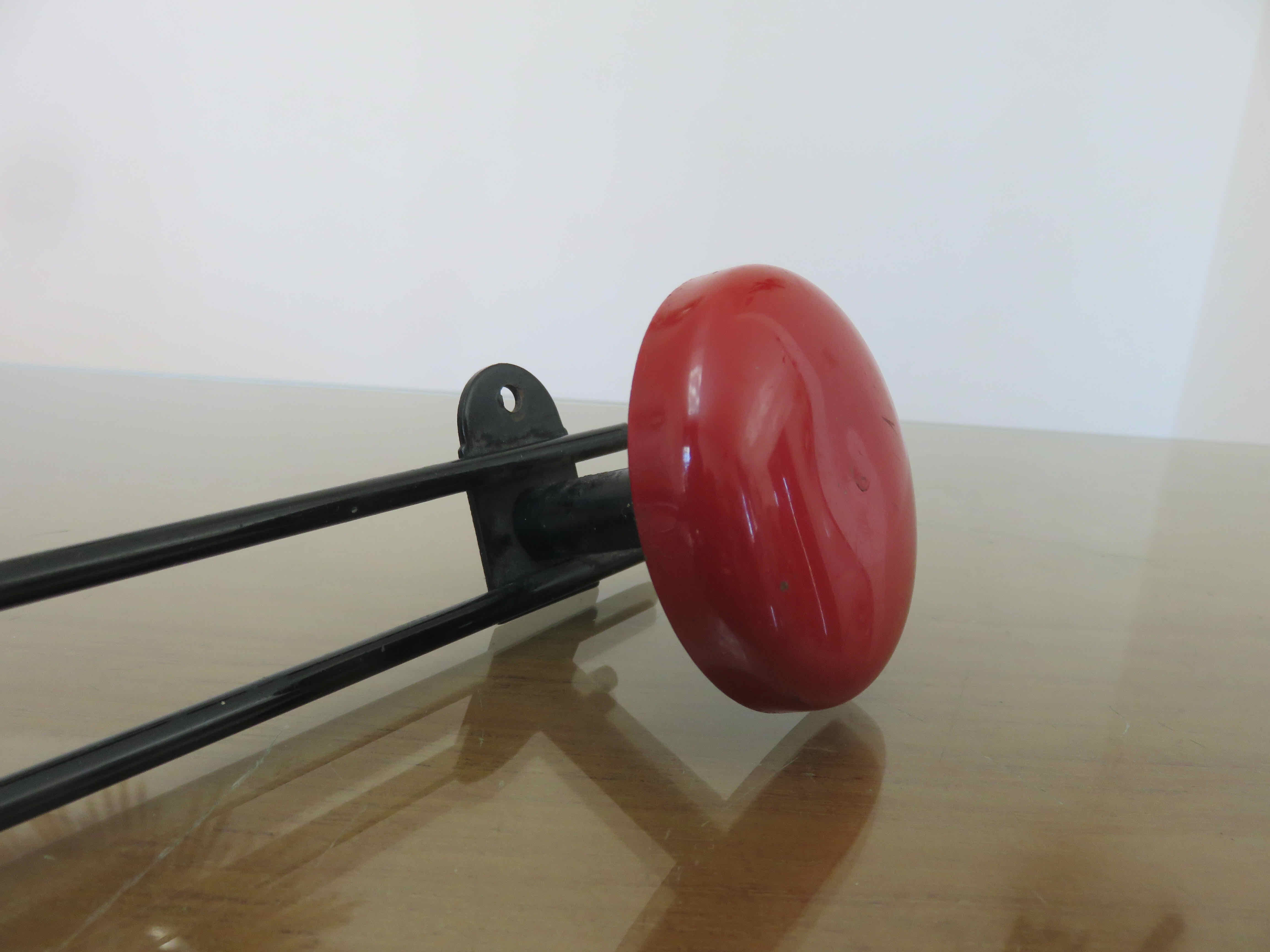 Wall coatrack in red metal, 2 hooks, 60s-70s