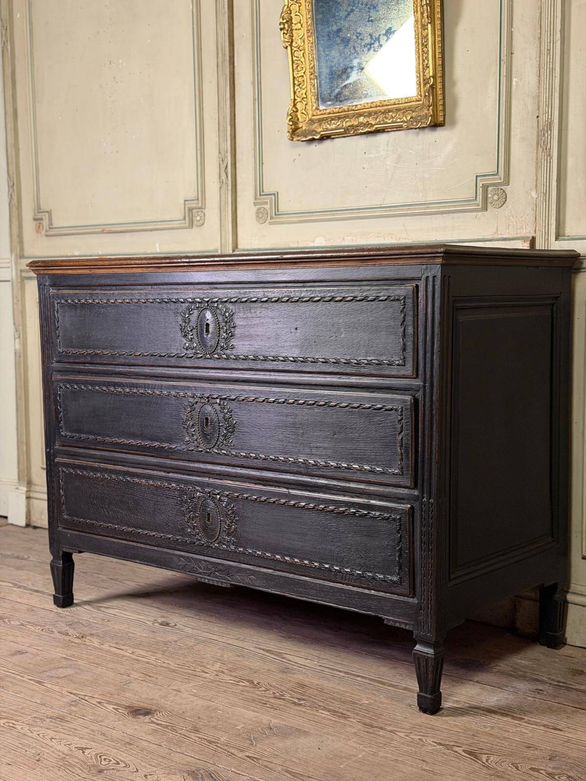 Louis XVI chest of drawers in black patinated oak, 18th century