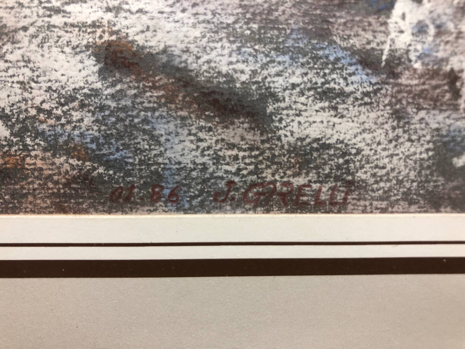 Painting j. garelli winter landscape 01/86 under glass + wood frame