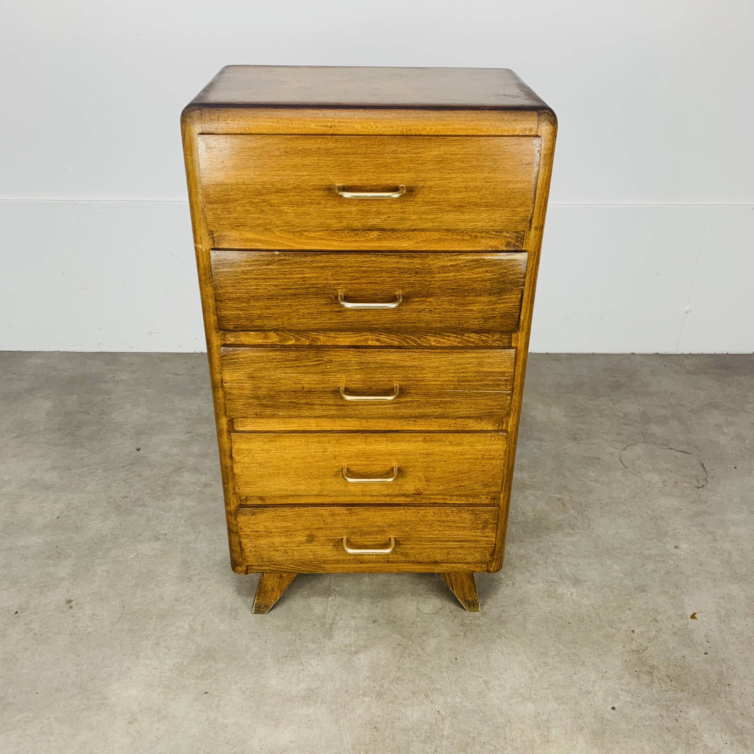 Commode chiffonnier pied compas, années 50, bois