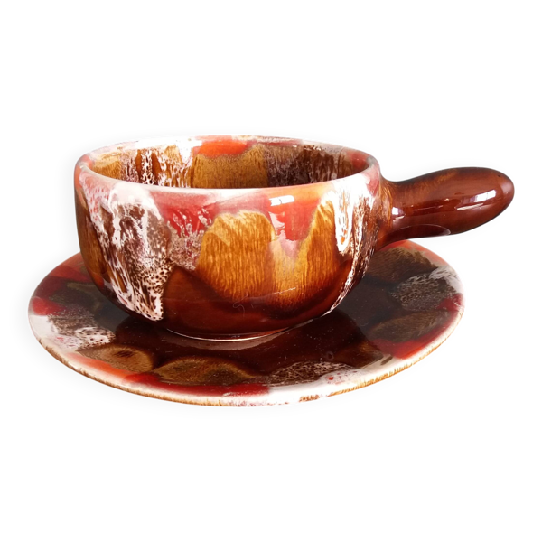 Tasse caquelon et soucoupe, déjeuner, Vallauris en céramique flammée