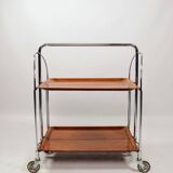 Chrome-plated metal and plywood serving trolley, 1970