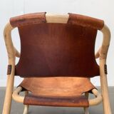 Mid-century safari lounge chair in bamboo and Danish leather, 1960s.