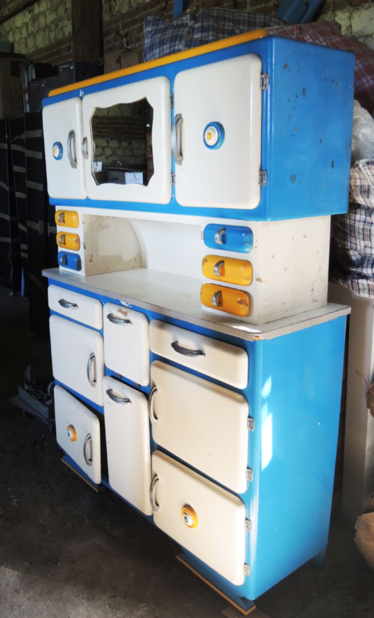 Former Buffet Mado in 3 Parts White - Blue - Yellow / Antique French 3-Part Mado Sideboard: White