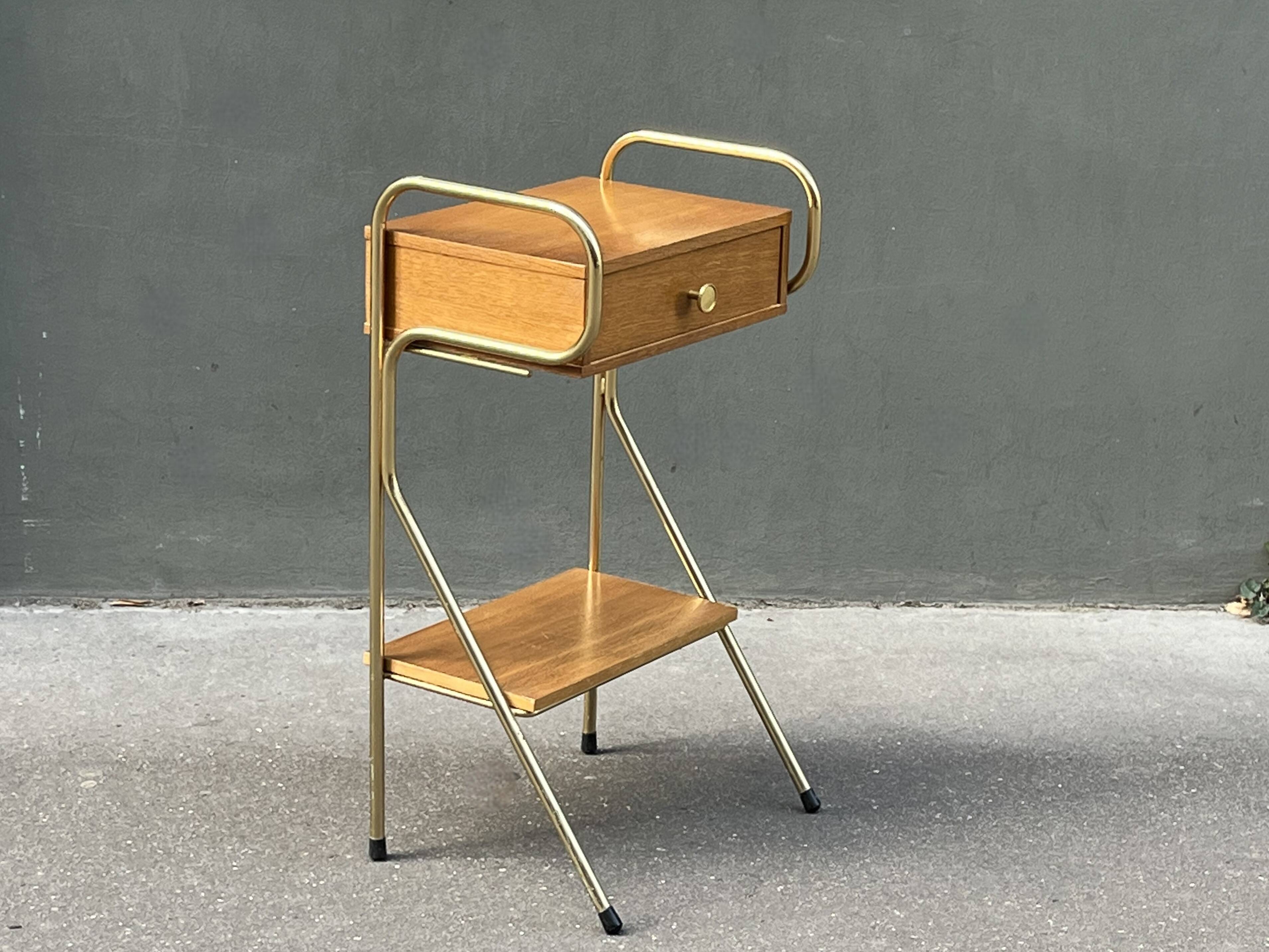 60s wooden and gold metal bedside table