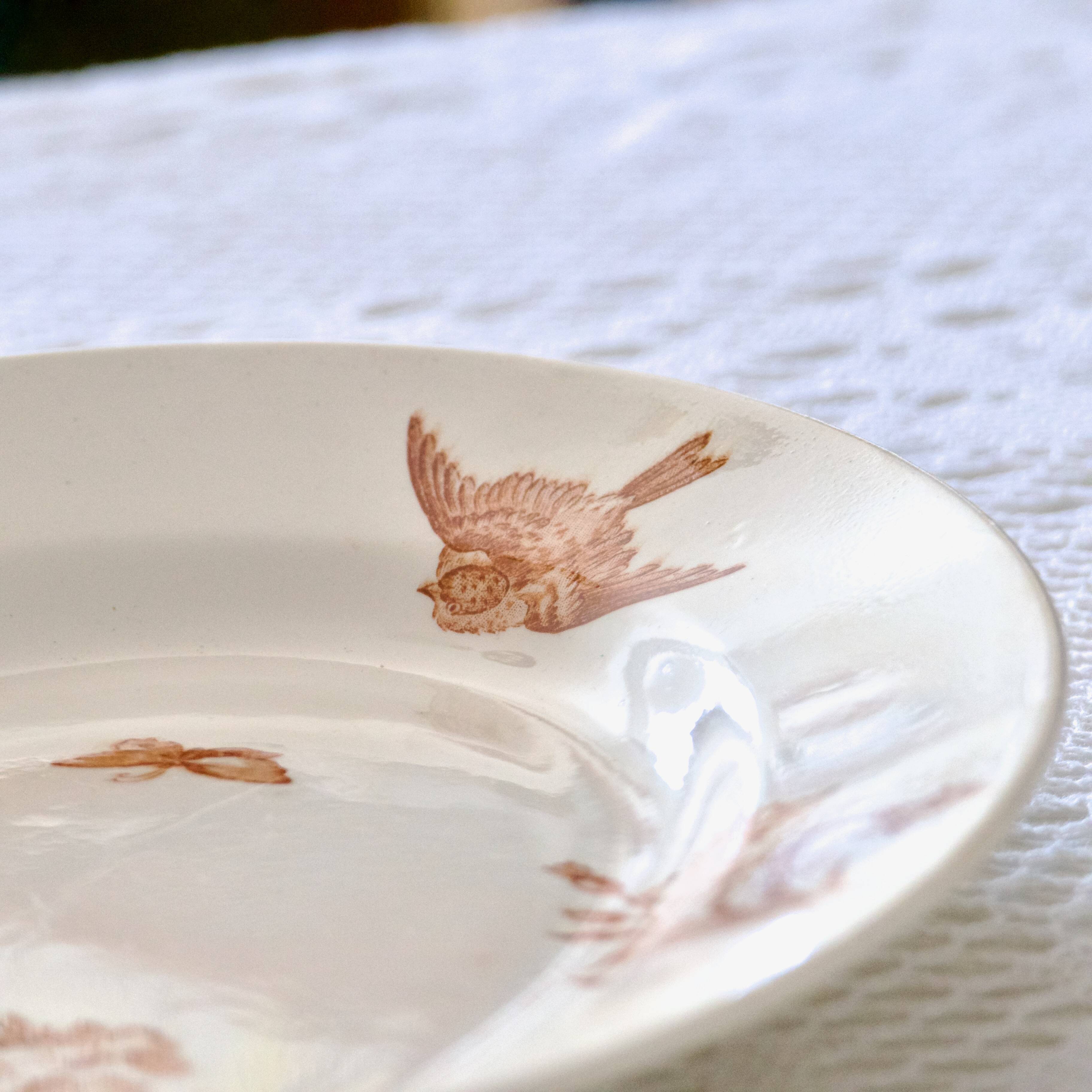 Large oval dish 19th century Longwy iron earth sepia "Botanical" bird