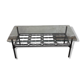 table basse fer forgé verre laiton vintage 1950