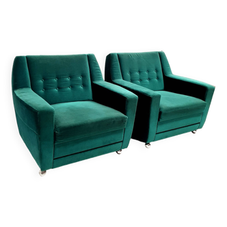 Vintage blue velvet armchairs made in the 1970s