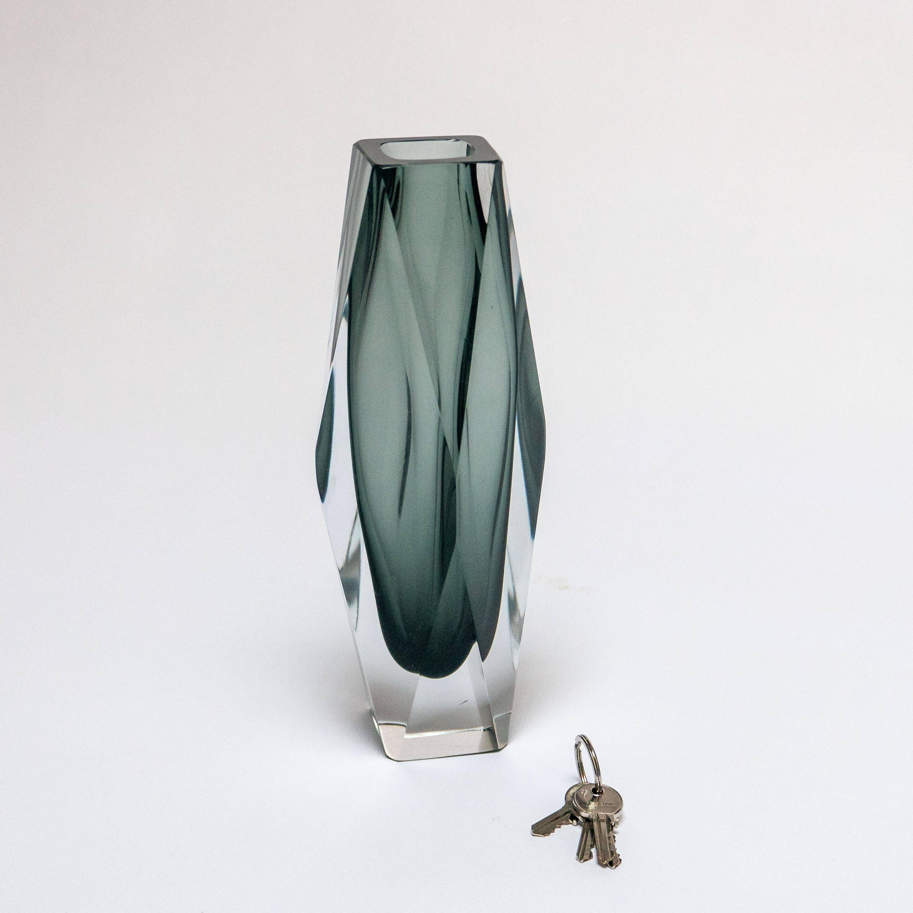 Vintage Geometric Vase in Grey "Sommerso" Murano Glass, Flavio Poli Style
