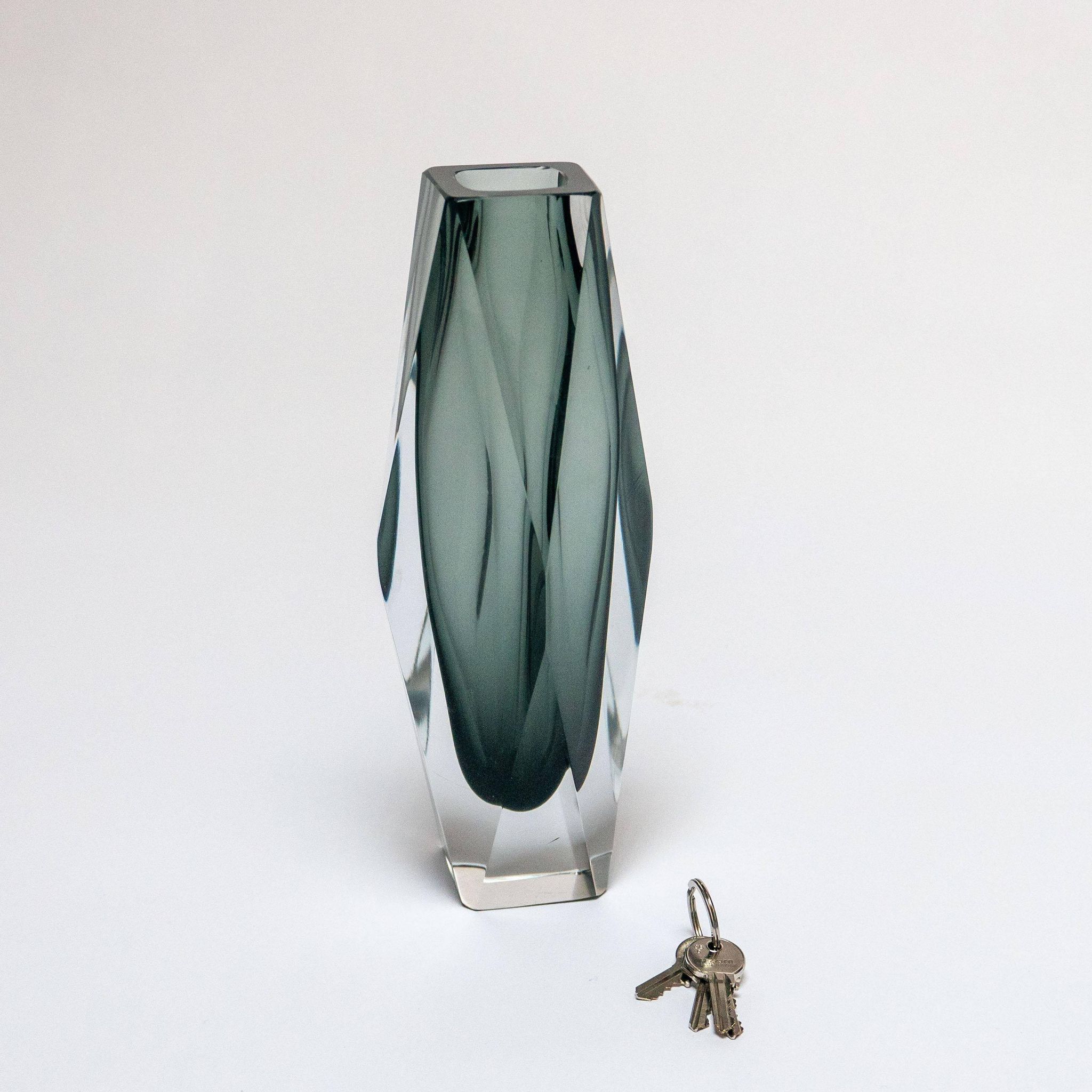Vintage Geometric Vase in Grey "Sommerso" Murano Glass, Flavio Poli Style