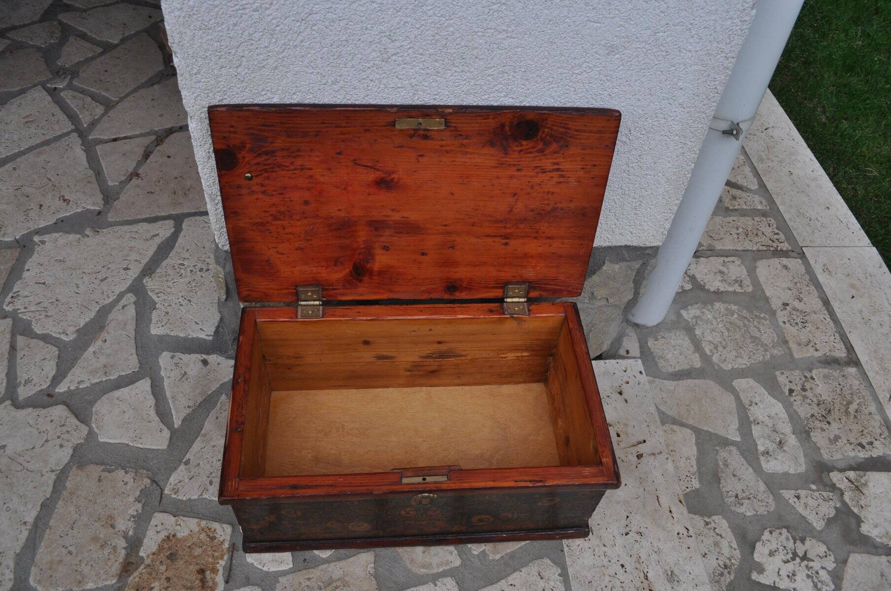 Antique brown pine chest, original paint visible, Czech Republic 1890-1919