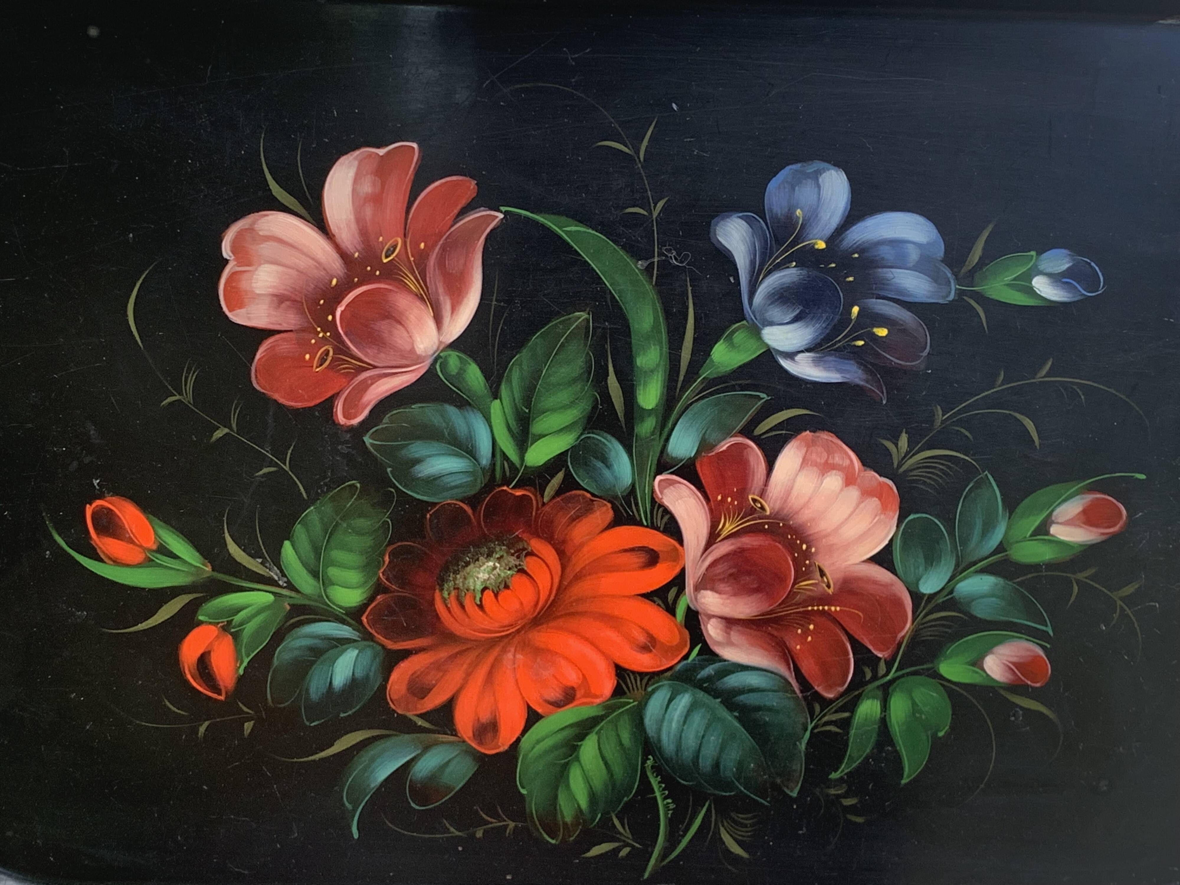 Black rectangular platter with hand-painted flowers, vintage and bohemian.