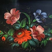 Plateau rectangulaire noir fleurs peintes à la main vintage et bohème