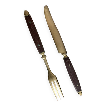 Antique dessert service 12 knives & 12 forks in brass and wood