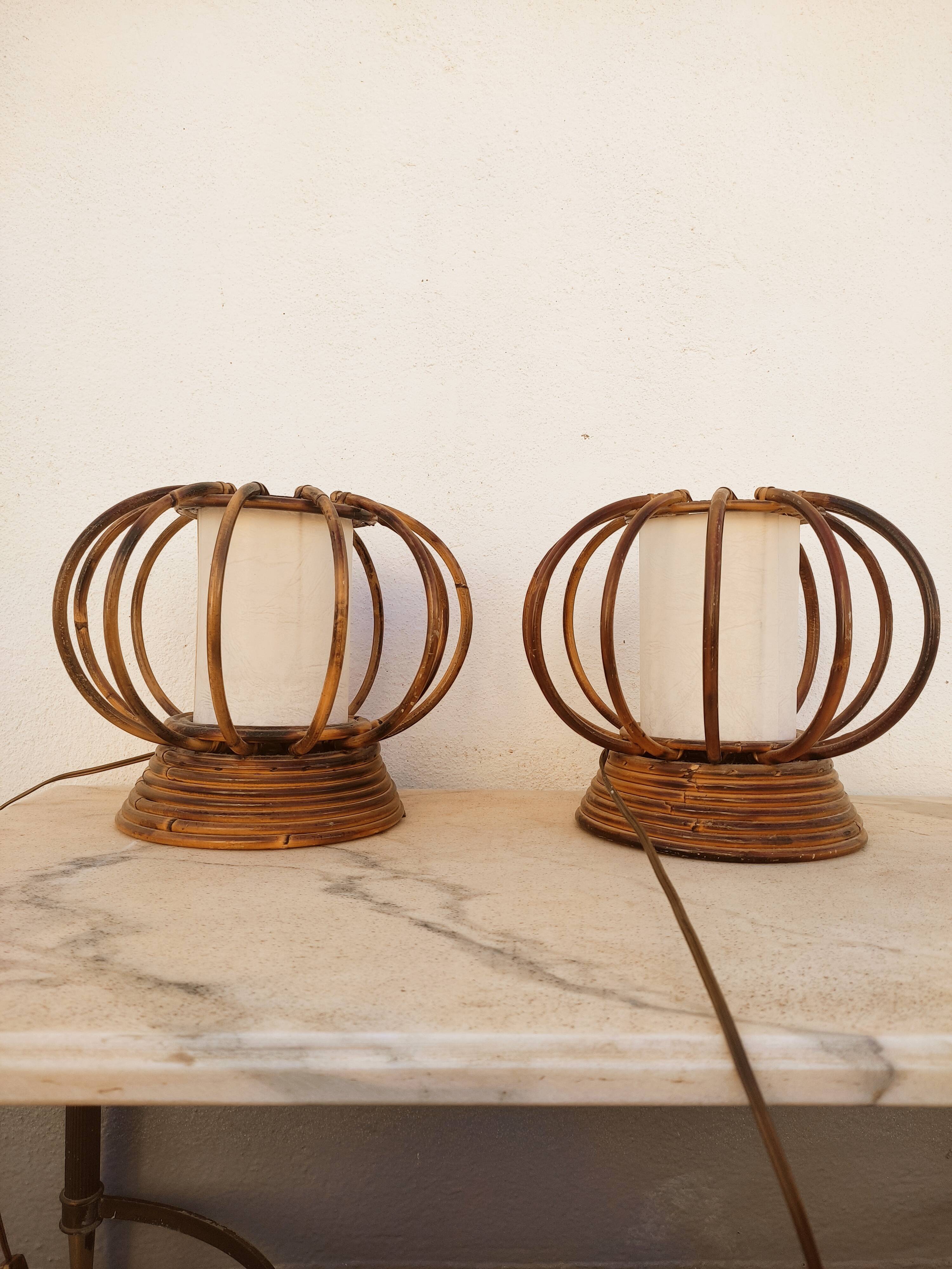 Pair of rattan lamps by Louis Sognot