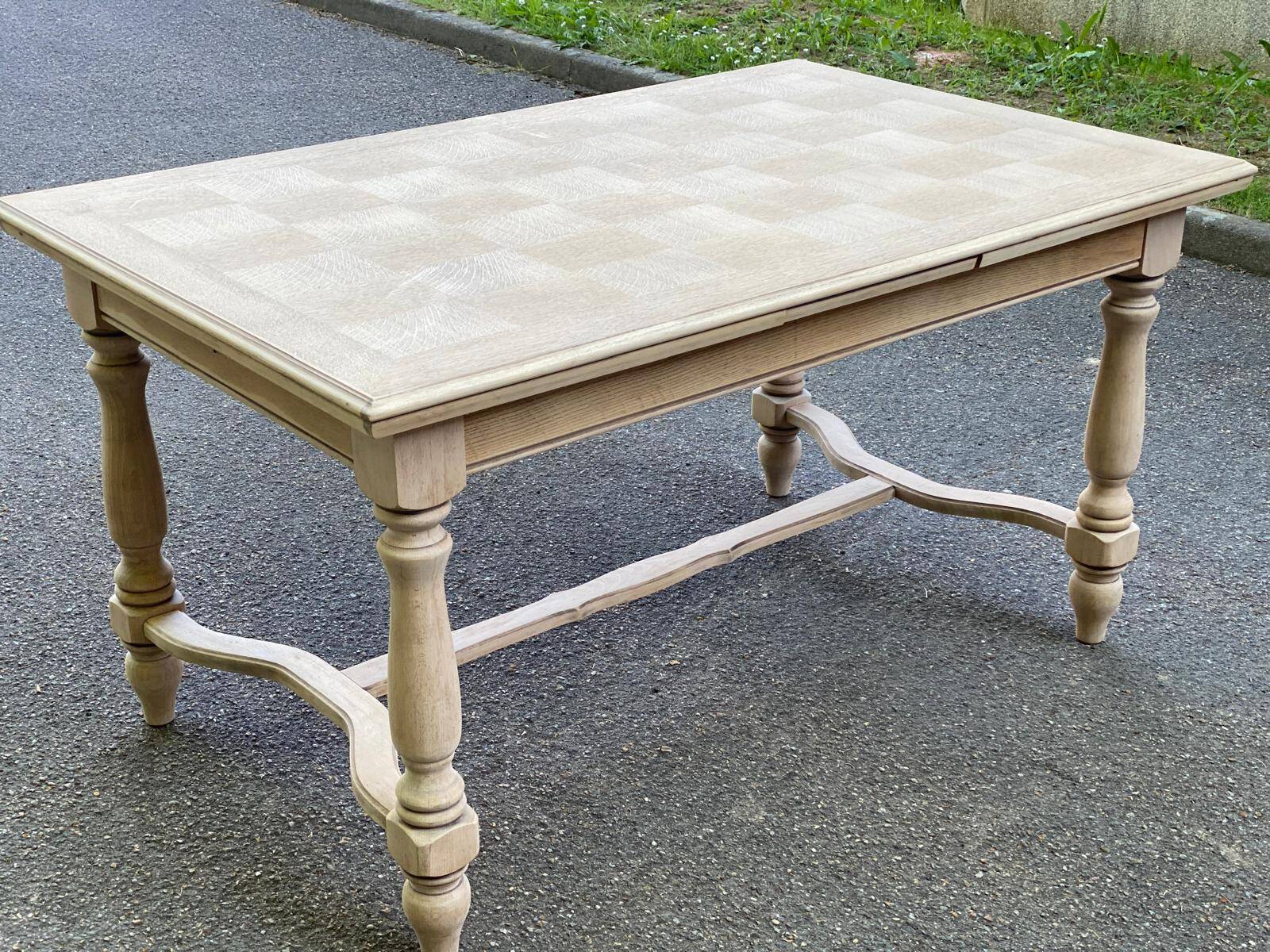 Extendable rectangular farmhouse table renovated oak and marquetry 255cm