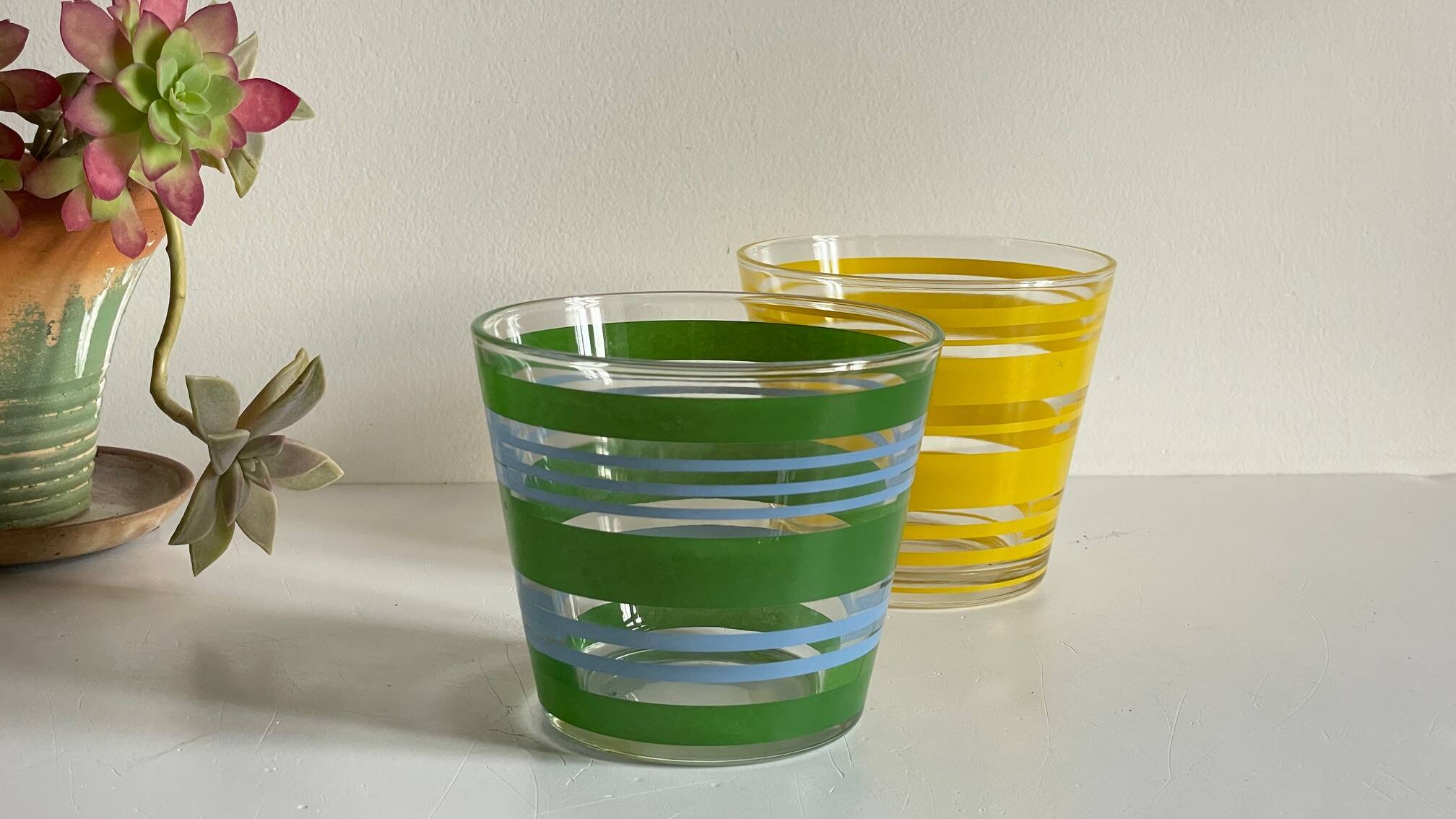 Pair of VINTAGE Silkscreened Glass Plant Pots