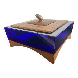 Vide poche scandinave en teck et verre bleu cobalt 