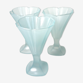 Set of 3 sky blue frosted glass ice cups - Made in France