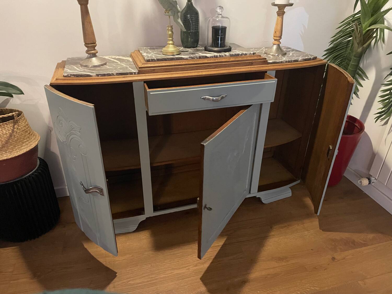 Revamped art deco sideboard in light sage green, marble top, chrome handles, vintage shabby chic