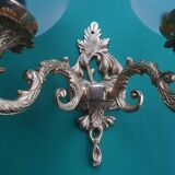 Pair of large double-light wall sconces in vintage brass and glass