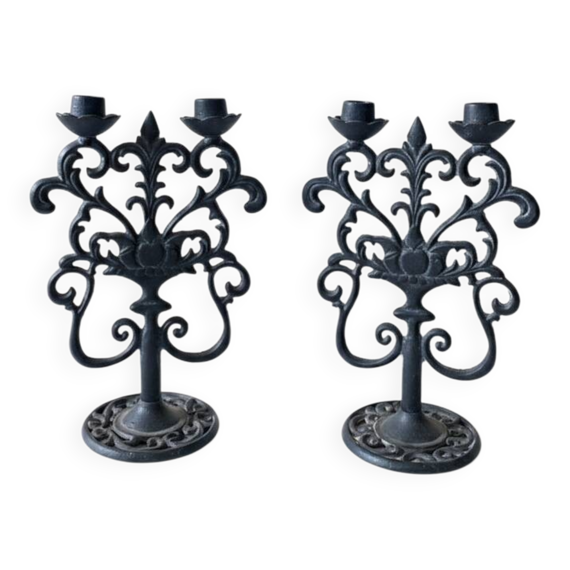 Black cast iron candlesticks, early 20th century, Neo-Rococo