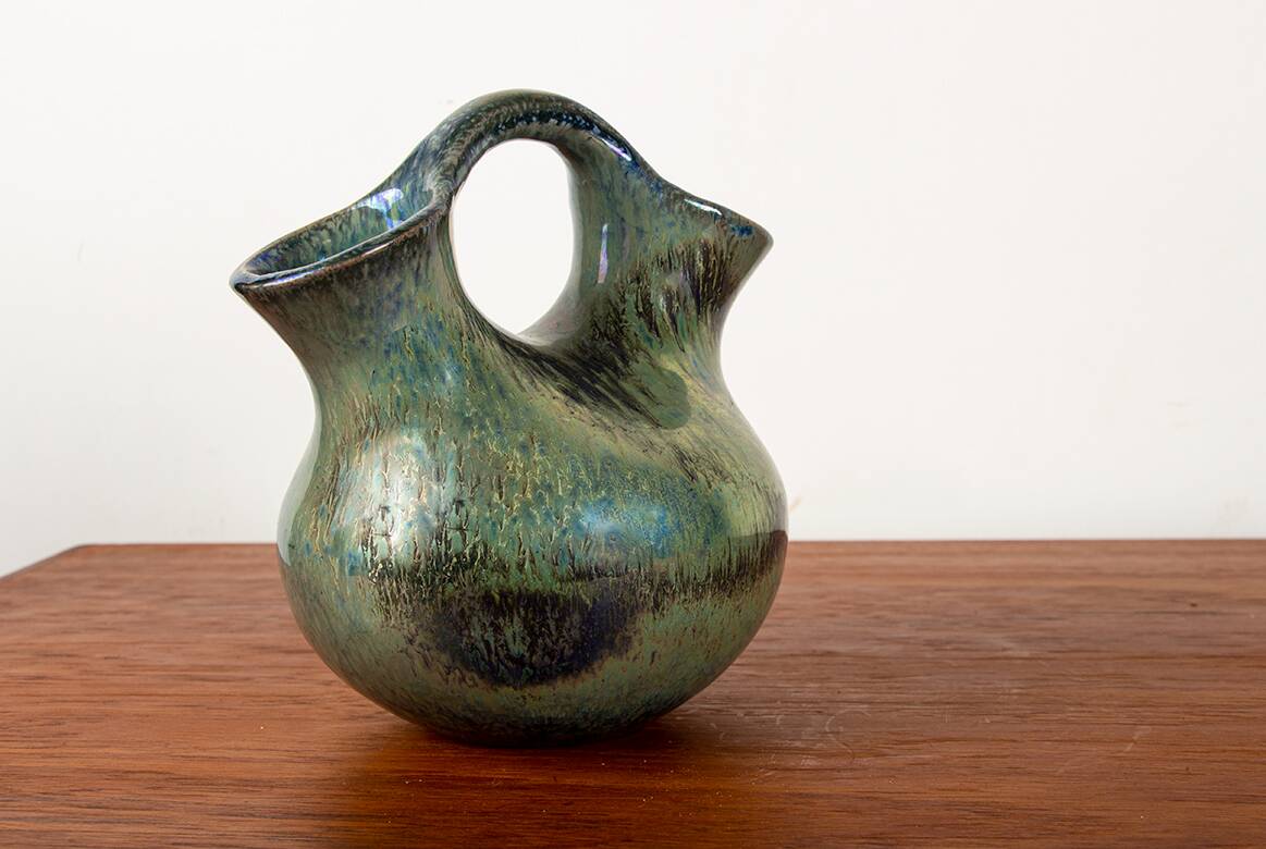 Art Deco double-necked vase in iridescent green flamed stoneware by Alphonse Cytère.