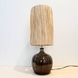 XXL Vintage stoneware lamp base signed brown raffia lampshade 1970