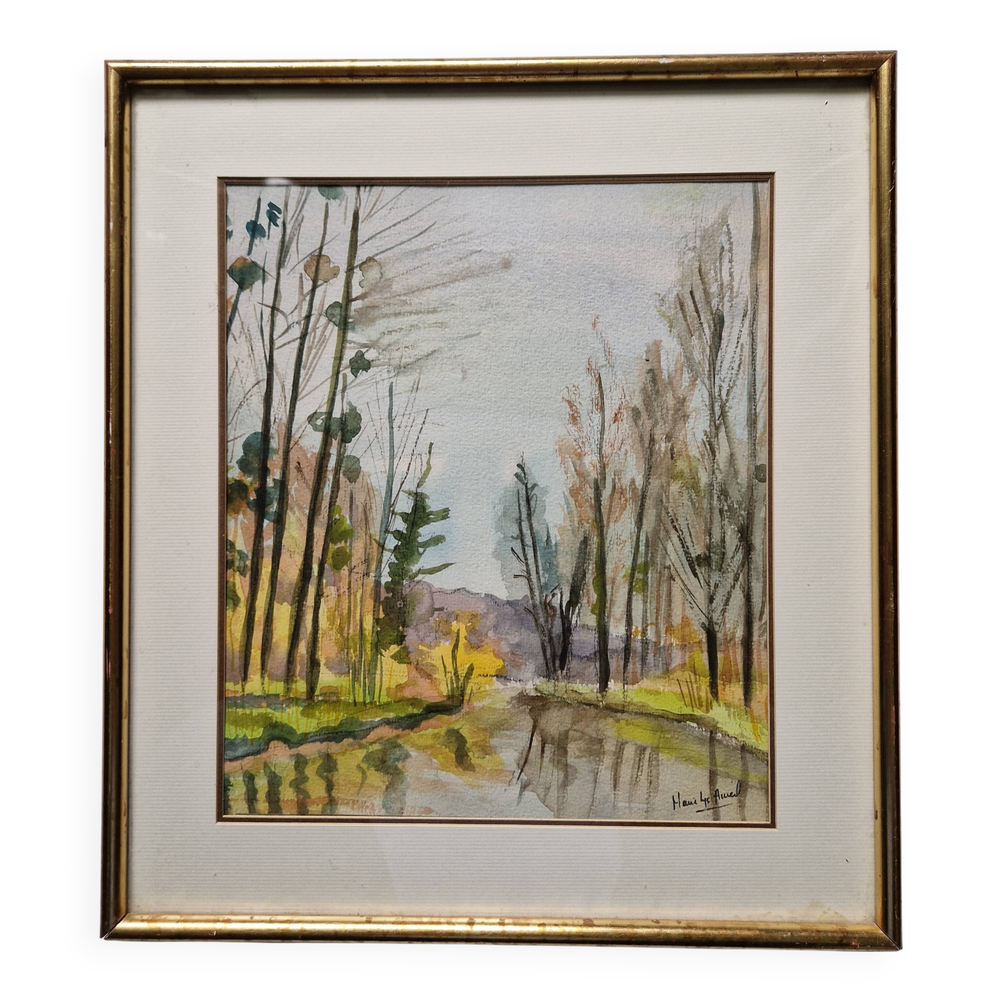 Framed gouache signed Marie Lys Ameil, circa 1960