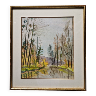 Framed gouache signed Marie Lys Ameil, circa 1960