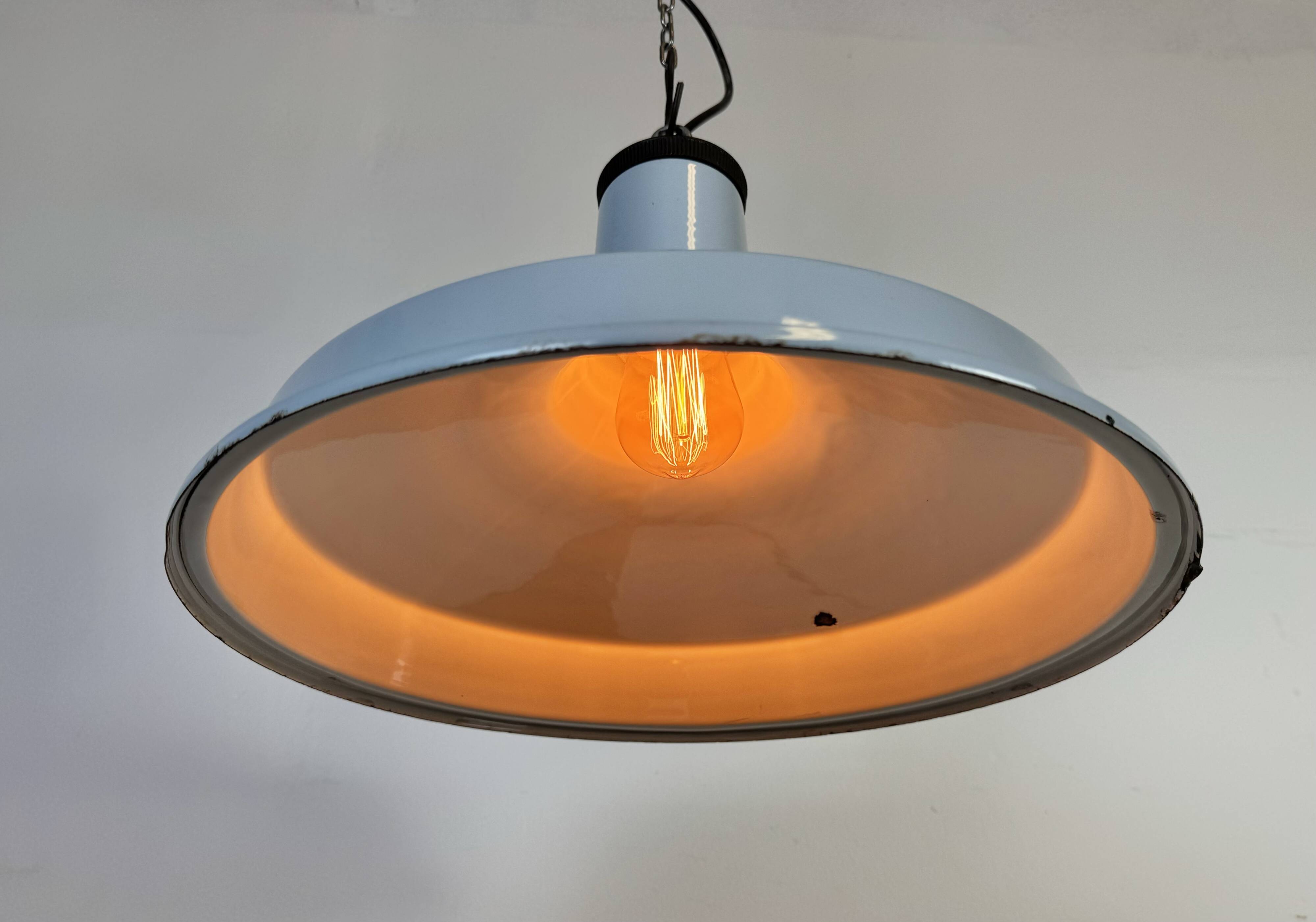 Industrial Light Blue Enamel Factory Pendant Lamp, 1960s