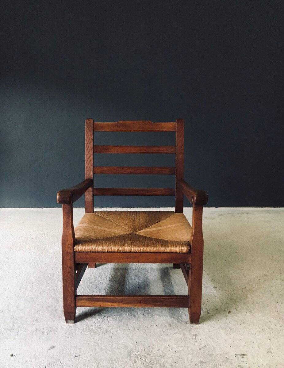 Rustic Oak & Rush Armchair, France, 1930s
