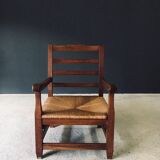 Rustic Oak & Rush Armchair, France, 1930s
