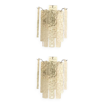 Pair of Contemporary Hammered Strips ”Listelli” Murano Glass Chromed Wall Sconces by Simoeng