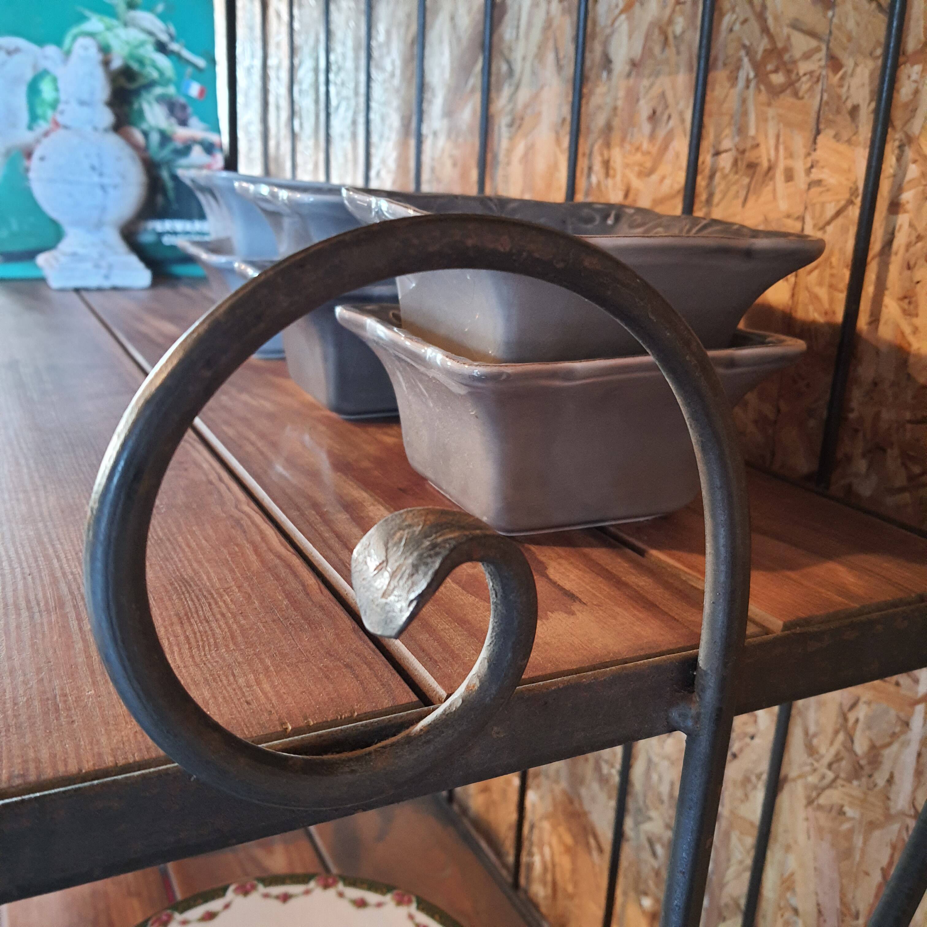 Wrought iron and wood baker shelves