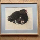 Black hen and her chicks, pastel on paper signed Hélène Rivière